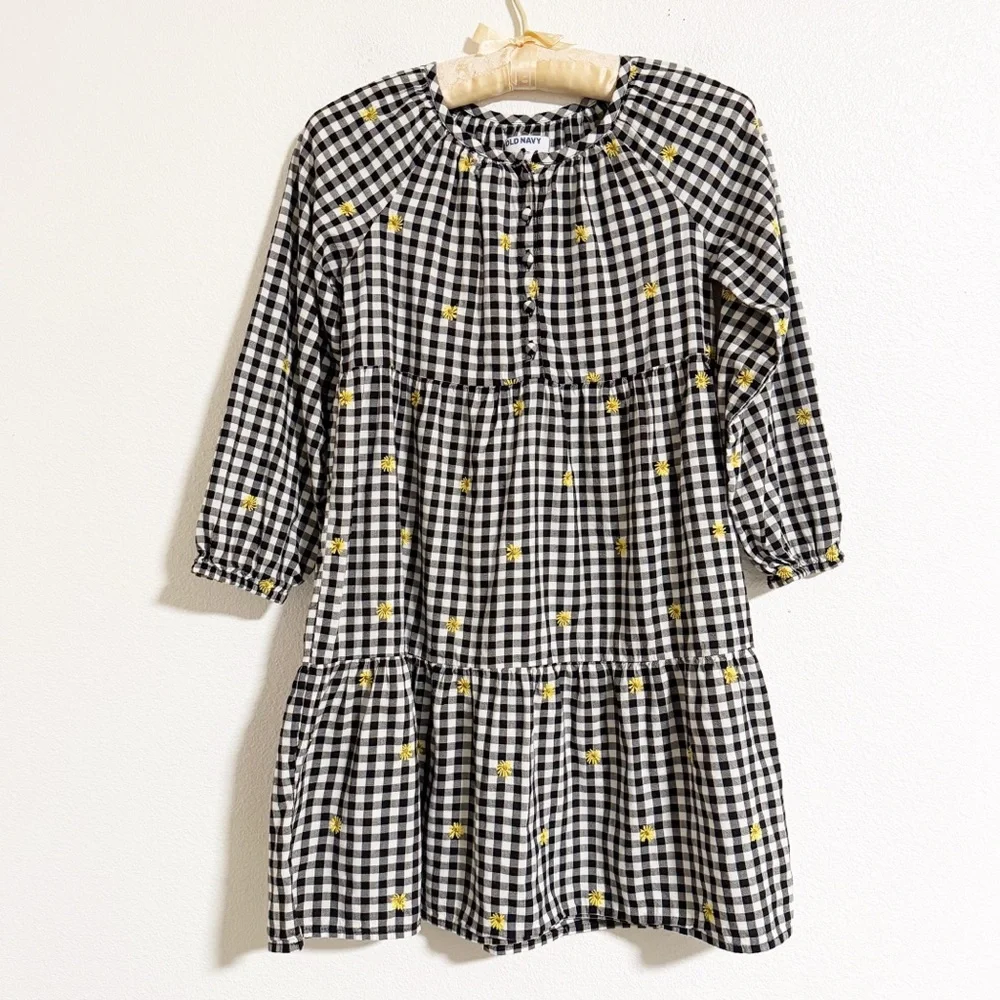 Old Navy Gingham Plaid Embroidered Sunflower Tiered Dress